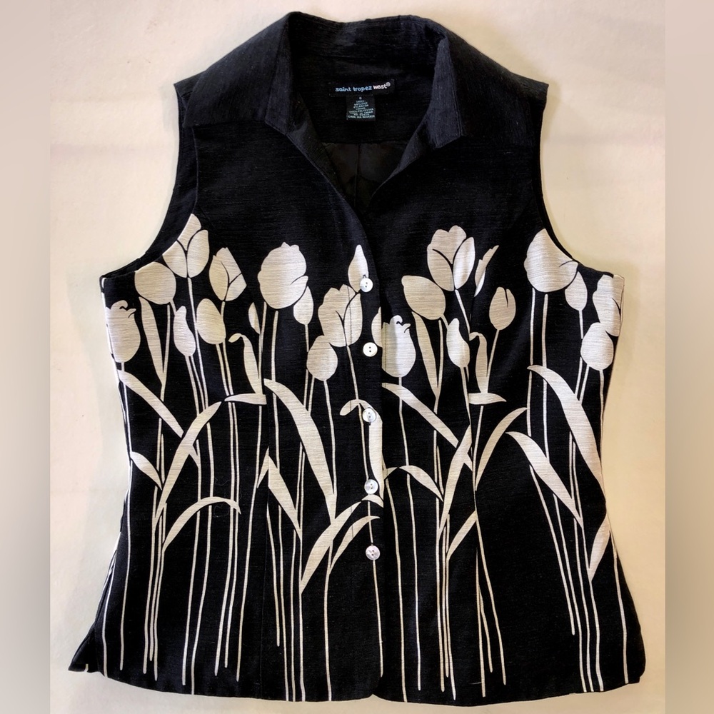Silk SAINT TROPEZ WEST Lined Sleeveless Blouse Black Eggshell (S) - Picture 13 of 14